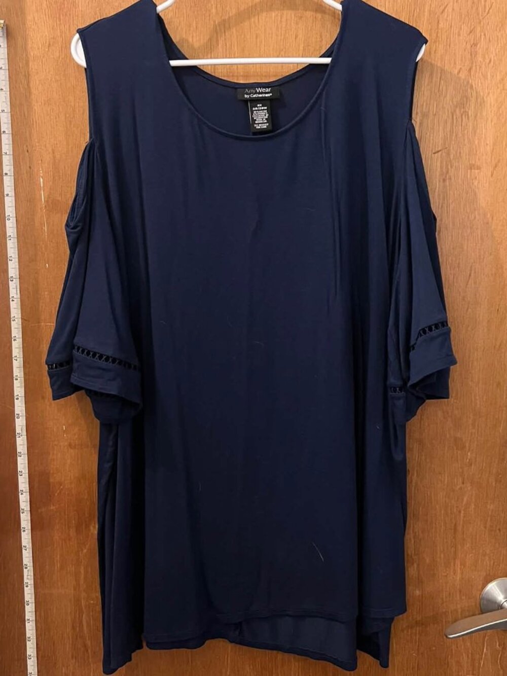 Size 3X(26/28W) - Catherine's - Navy Cold-Shoulder Knit Pullover w/Bell Sleeves
